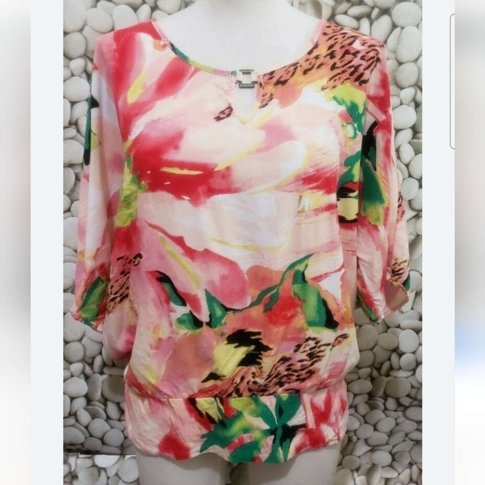 Cato Woman Tropical floral & leopard skin print dolman sleeves top sz 18/20W